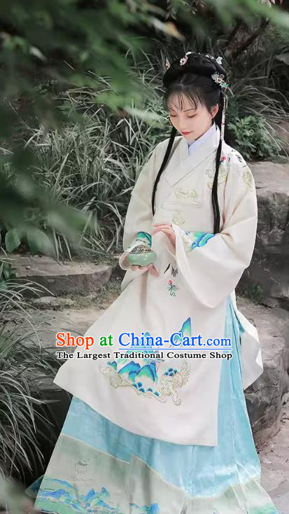 China Ancient Ming Dynasty Noble Lady Costumes Traditional Hanfu Beige Long Gown and Blue Skirt Complete Set