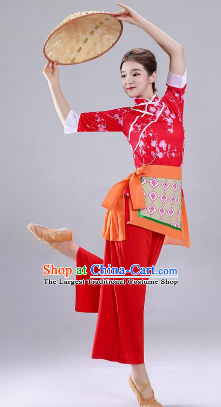 Red Tea Picking Female Dance Costumes Bamboo Hats Yangko Costumes Adult Village Girl Costumes Ethnic Style Costumes