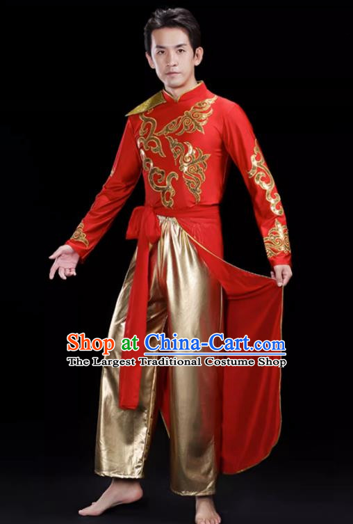 Red Men S Drumming Suit Opening Dance Costume Male Backup Dancer Suit Modern Dance Costume Fan Dancer Dragon Dance Costume
