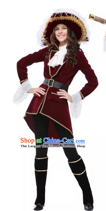 Halloween Stage Performance Clothing Fancy Ball Female Captain Costume Cosplay Woman Pirate Wine Red Outfit