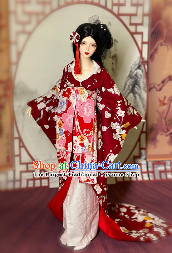 Top Super Dollfie Japanese Woman Clothing Customize Courtesan Red Trailing Kimono Handmade BJD Doll Costume