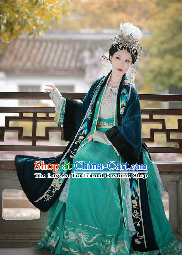 Traditional Winter Hanfu Green Velvet Dress China Ancient Empress Clothing Song Dynasty The Journey of a Legendary Landscape Painting Costume