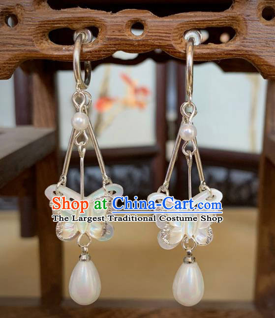 Handmade Shell Butterfly Ear Jewelries Chinese Traditional Hanfu Jewelry Top Cheongsam Pearl Earring