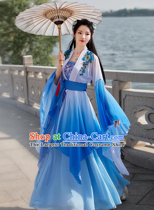 Blue China Ancient Fairy Costume Hanfu Wide Sleeve Goddess Dress Tang Dynasty Princess Clothing