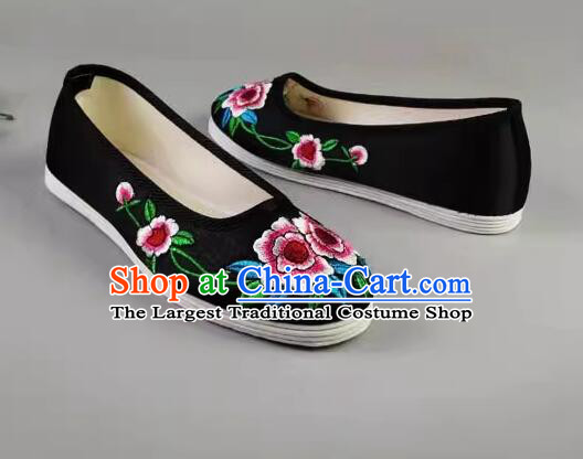 Embroidered Begonia Flower Shoes Handmade Old Peking Strong Cloth Soles Shoes Chinese Black Satin Shoes