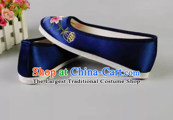 Chinese Dark Blue Satin Shoes Embroidered Lotus Shoes Handmade Old Peking Shoes