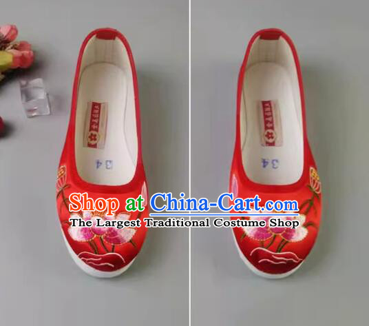 Chinese Embroidered Shoes Handmade Old Peking Shoes Red Satin Wedding Shoes