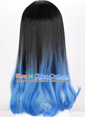 Black Gradient Sapphire Blue Dyed Mid Length Inner Button Curly Hair Ladies Daily Air Bangs Full Wig