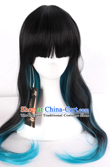 Harajuku Long Straight Hair Black Mixed Blue Gradient Fake Hair Cosplay Rose Net Full Wig