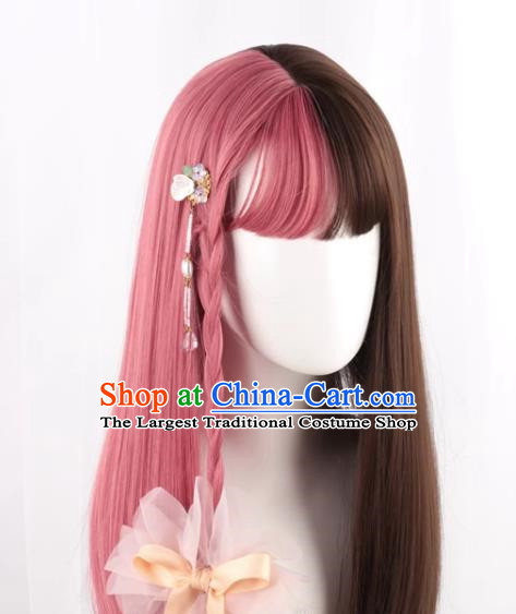 Wig For Women With Long Straight Hair Lolita Natural Internet Celebrity Color Matching Gradient Pink And Brown Two Color Girl Full Fake Hair
