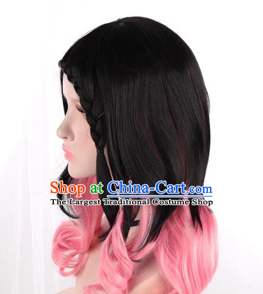 Lolita Girls Fake Hair Black Mixed Pink Side Braids Cos Daily Wig