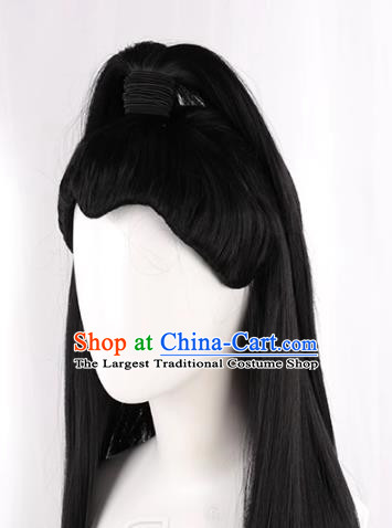 Customized Ancient Costume White Eyebrow Hero High Ponytail Black Straight Hair Male Hero Cosplay Stage Play Wig