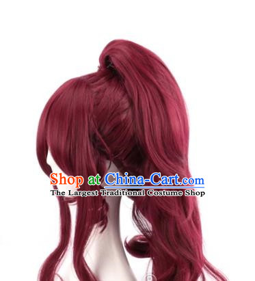 Dark Wine Red Long Curly Hair Single Ponytail Cos Wig