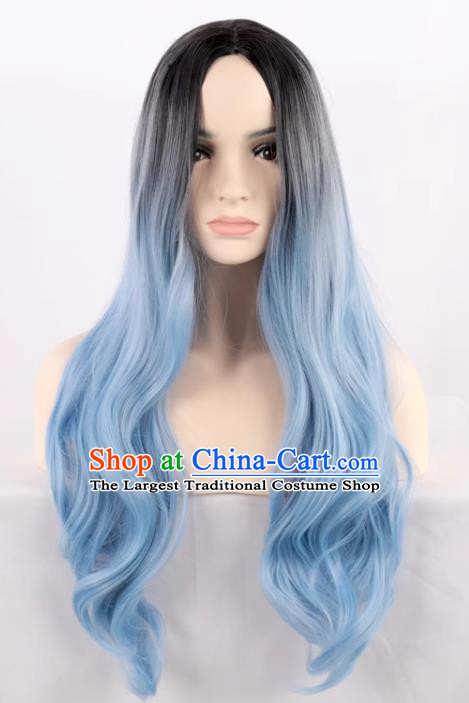 Black Gradient Ice Blue Middle Parted Women Fashion Long Curly Hair High Temperature Silk Prom Performance Full Wig