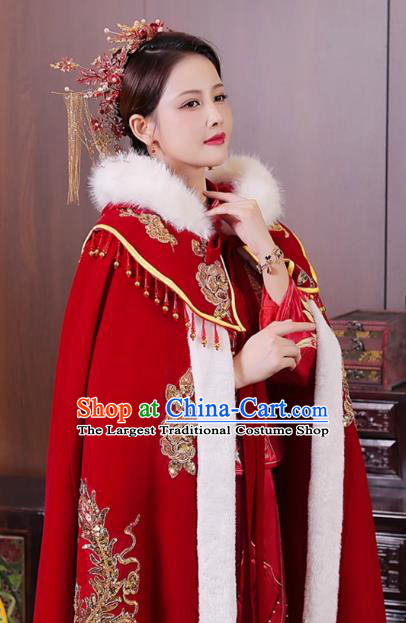 China Ancient Bride Costume Traditional Hanfu Wedding Clothing Embroidered Red Cloak