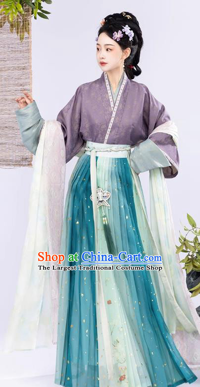 Ancient China Noble Mistress Clothing Traditional Female Hanfu Song Dynasty Purple Blouse Green Top and Skirt Complete Set