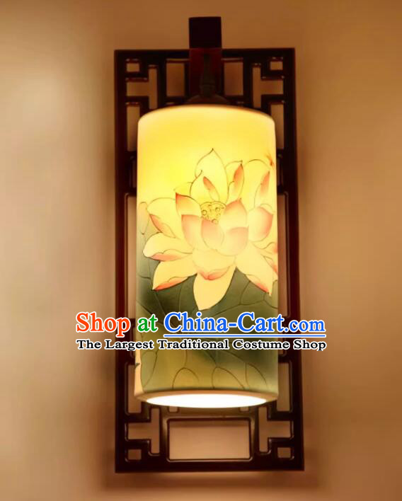 Top Lotus Painting Ceramic Lamp Handmade Hallway Lamp Chinese Wood Wall Lantern