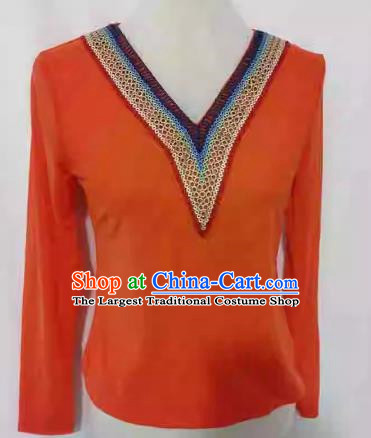 Orange China Xinjiang Dance Costume Stretch Mesh T-shirt Bottoming Shirt Long Sleeve Slim Fit