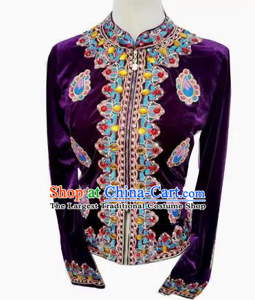 Purple Chinese Xinjiang dance stage performance with diamond velvet top