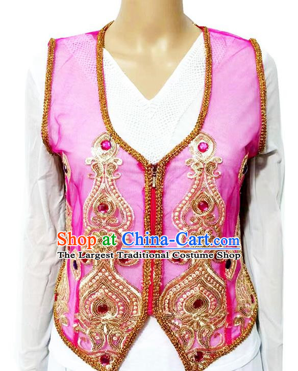 Rose red Chinese Xinjiang dance sari see-through heavy industry inlaid gemstone new short vest