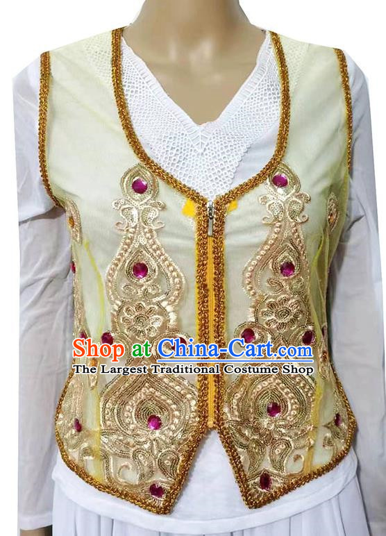 Light yellow Chinese Xinjiang dance sari see-through heavy industry inlaid gemstone new short vest