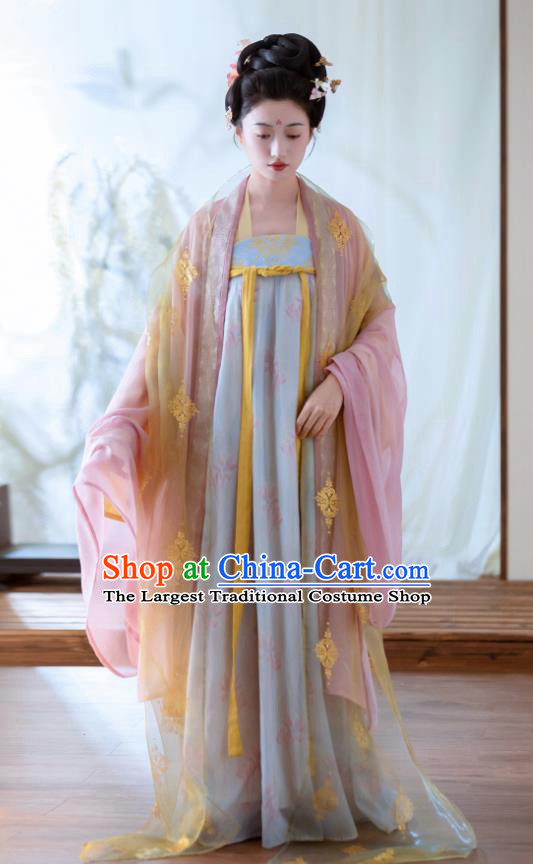 China Late Tang Dynasty Royal Empress Costumes Traditional Hanfu Pink Cape and Blue Dress Ancient Court Woman Clothing