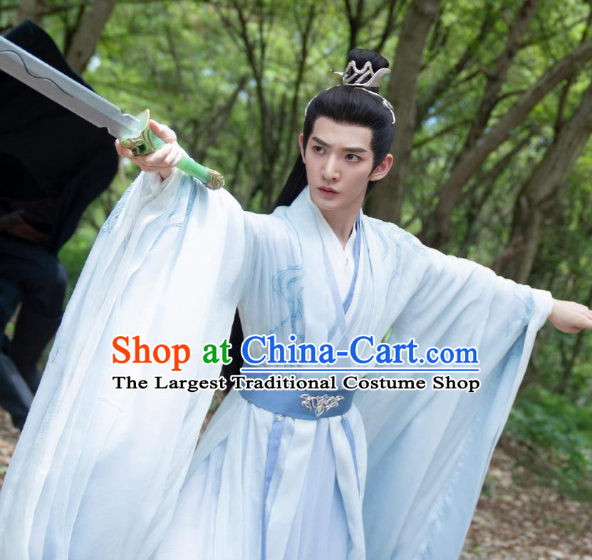 China Traditional Male Hanfu Romance Drama The Journey of Chong Zi Noble Childe Qin Ke Garments Ancient Swordsman Blue Costumes