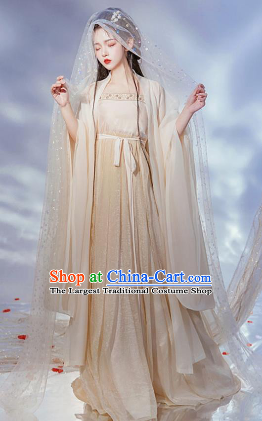 Chinese Ancient Moon Goddess Young Lady Beige Hanfu Dress Tang Dynasty Princess Garment Costumes