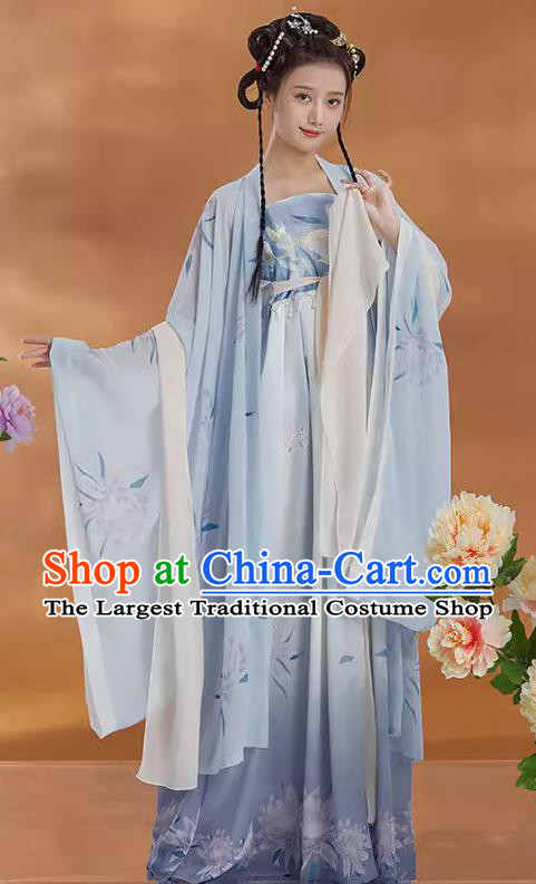 Chinese Hanfu Ruqun Blue Dresses Ancient Young Beauty Clothing Tang Dynasty Princess Garment Costumes