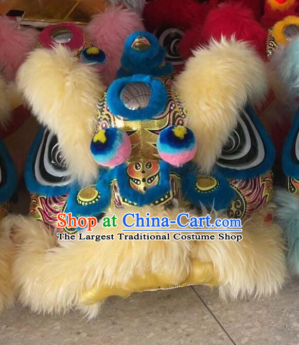 Chinese Performance and Competition Blue Lion Top Handmade Light Gold Wool Hok San Lion Dance Costumes Complete Set