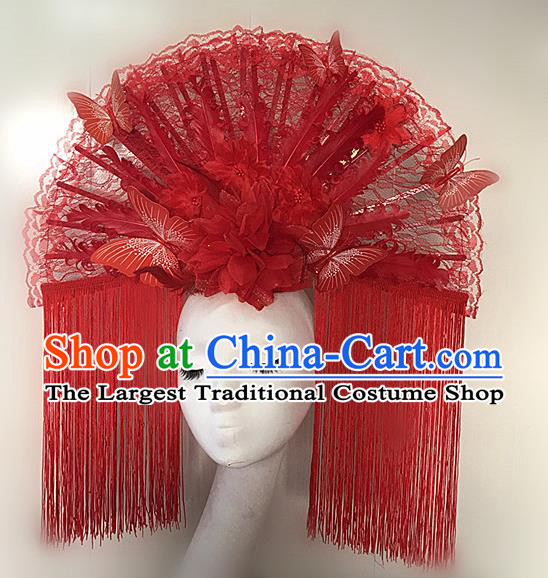 Chinese Stage Performance Deluxe Crown Handmade Red Lace Headdress Butterfly Tassel Headwear