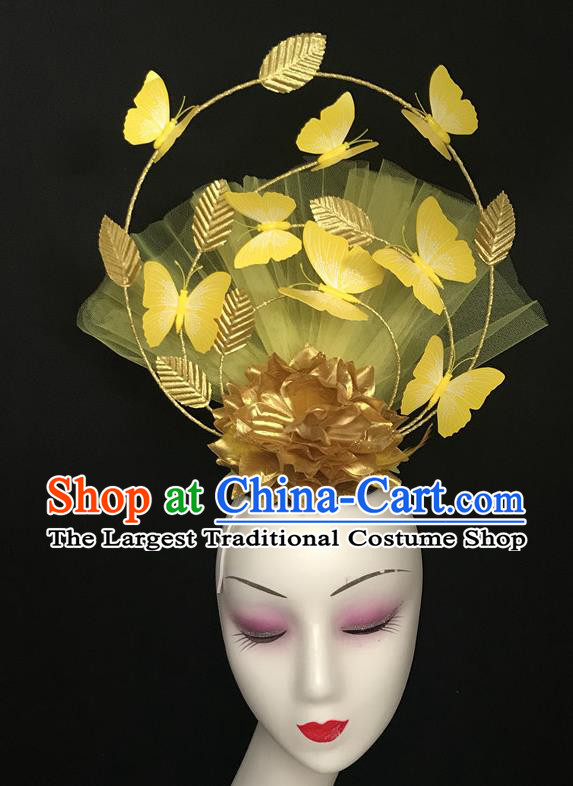 Handmade Cheongsam Catwalk Headwear Stage Performance Golden Peony Crown Butterfly Headdress