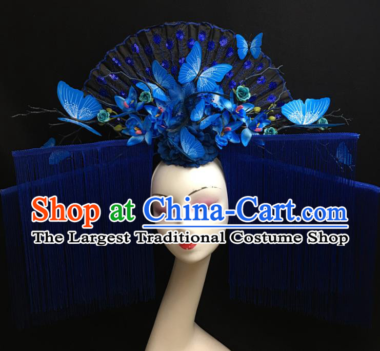 Chinese Model Contest Deluxe Tassel Crown Catwalks Blue Butterfly Headpiece Handmade Stage Show Headdress