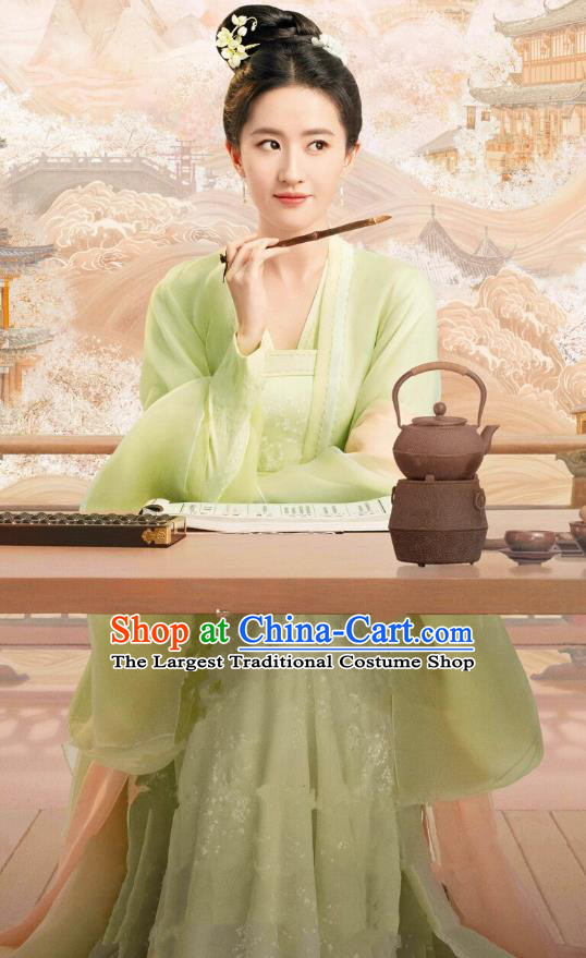Chinese Ancient Dancing Beauty Clothing Teleplay A Dream of Splendor Geisha Zhao Pan Er Green Dresses Song Dynasty Historical Costumes