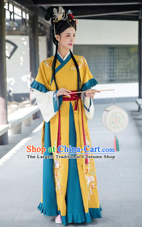 China Ancient Princess Costumes Jin Dynasty Court Lady Yellow Dresses Traditional Stage Dance Hanfu Fashion