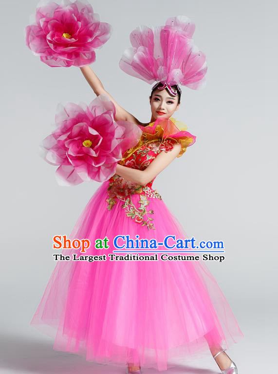 Top Embroidered Peony Fashion Oriental Dance Costume Women Group Show Clothing Modern Dance Pink Dress