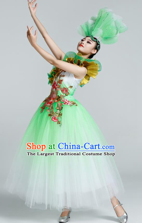 Top Women Group Show Clothing Modern Dance Green Dress Embroidered Peony Fashion Oriental Dance Costume