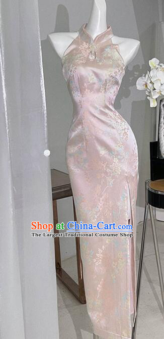 China Elegant Sleeveless Dress Pink Qipao Traditional Cheongsam Clothing