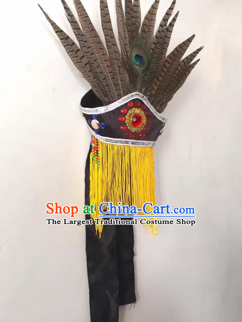 China Sacrifice Dance Headwear Drama God Hat Handmade Nuo Opera Feather Headpiece