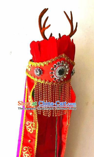 China Handmade Nuo Opera Red Feather Headpiece Sacrifice Dance Headwear Drama God Antlers Hat