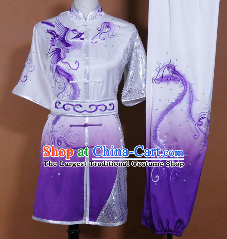 China Martial Arts Performance Costume Wushu Competition Embroidered Phoenix Clothing Kung Fu Gradient Purple Uniform
