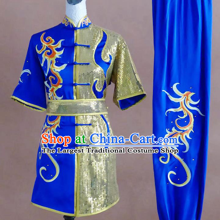 China Wushu Tournament Embroidered Clothing Kung Fu Competition Royal Blue Uniform Martial Arts Changquan Performance Costume
