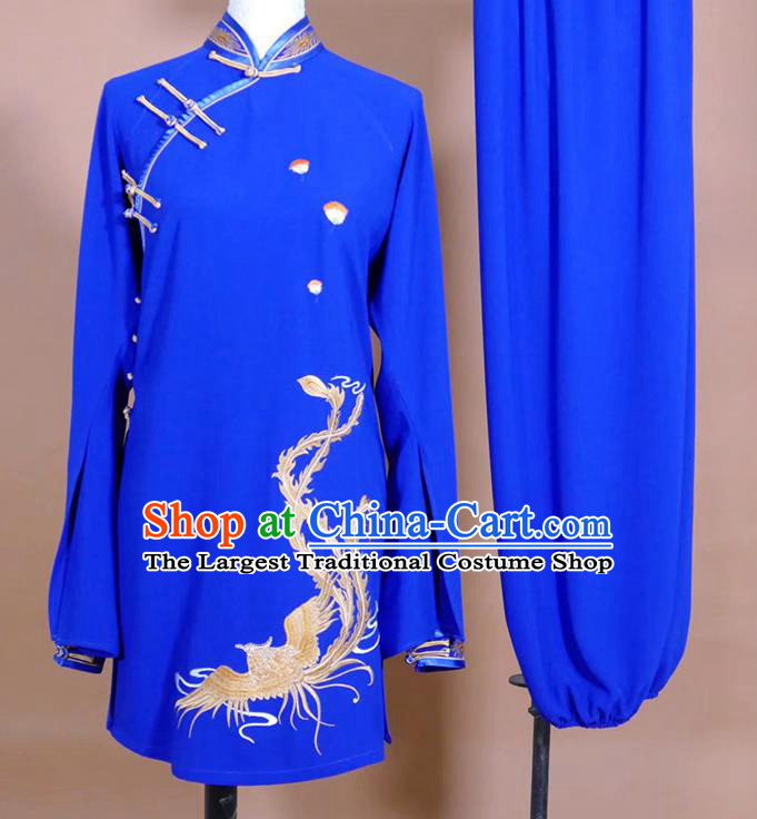 China Taijiquan Training Embroidered Phoenix Clothing Kung Fu Tournament Blue Uniform Martial Arts Costume Female Tai Chi Performance Outfit