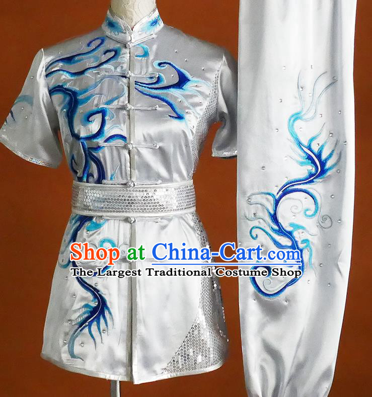 China Kung Fu Silver Uniform Martial Arts Performance Costume Swordsmanship Changquan Competition Clothing