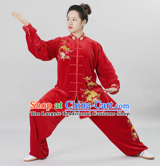 Chinese Martial Arts Clothing Winter Taiji Quan Training Uniform Wushu Competition Clothes Female Tai Chi Red Velvet Suit