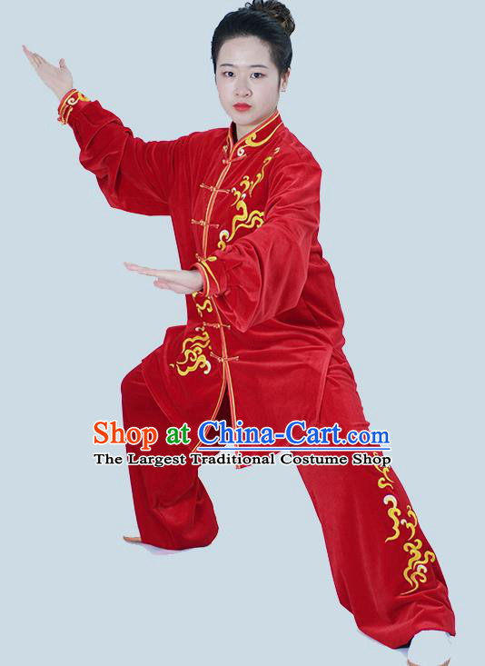 Chinese Taiji Chuan Clothes Female Kung Fu Red Velvet Suit Martial Arts Clothing Winter Tai Chi Training Uniform