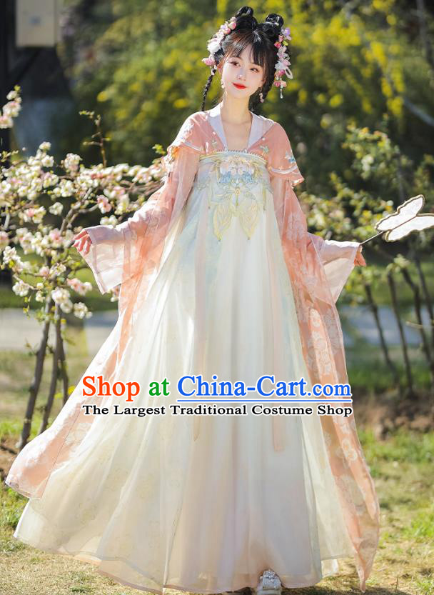 China Tang Dynasty Woman Clothing Traditional Hanfu Costumes Ancient Young Lady Pink Dresses