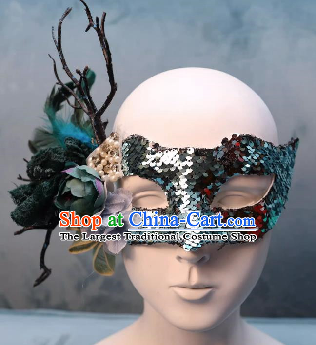 Venetian Green Flower Mask Feather Masked Singer Halloween Carnival Ball Party Mask
