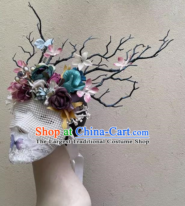 Handmade Flowers And Dead Branches Full Face Mask Headdress Christmas Elk Gift