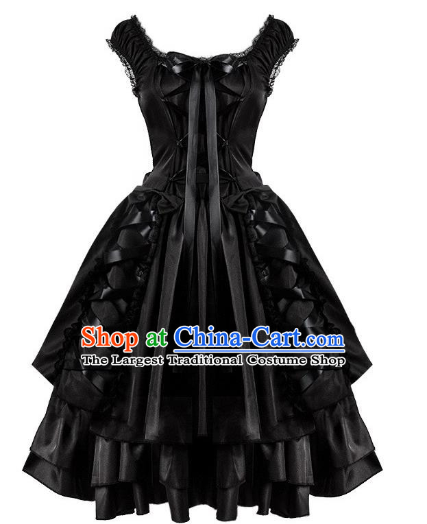 Pure Black Retro Strap Dress Gothic Bow Fluffy Maid Dress Halloween Girl Costume